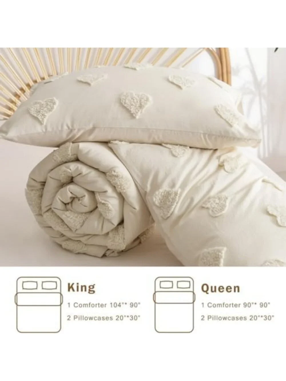 Queen Boho Tufted Comforter Set - Beige Textured Bedding, 3-Piece Farmhouse Chic